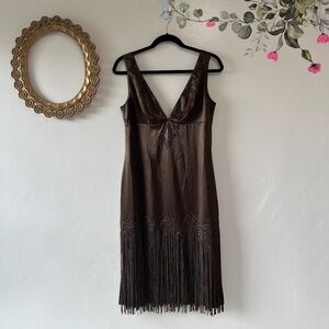 Papell Boutique Silk Evening Gown, Brown/Bronze, Midi Length, Fringe, Size 8